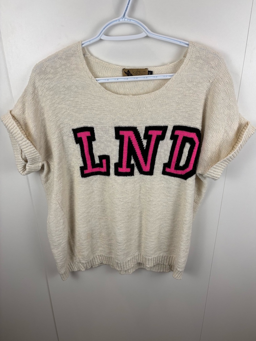 Katsumi LND Beige Slub Cotton Blend Roll-Sleeve Sweater LND Pink Letters sz M